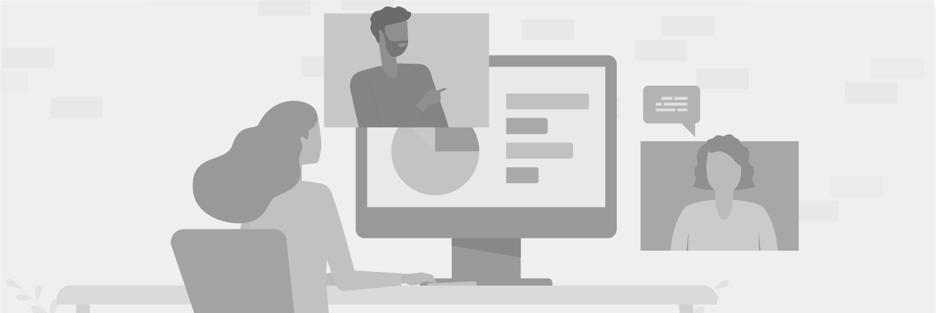 A grayscale illustration of a woman watching an online presentation on a computer screen, which displays a man pointing at a pie chart. another participant is visible in a small video window.