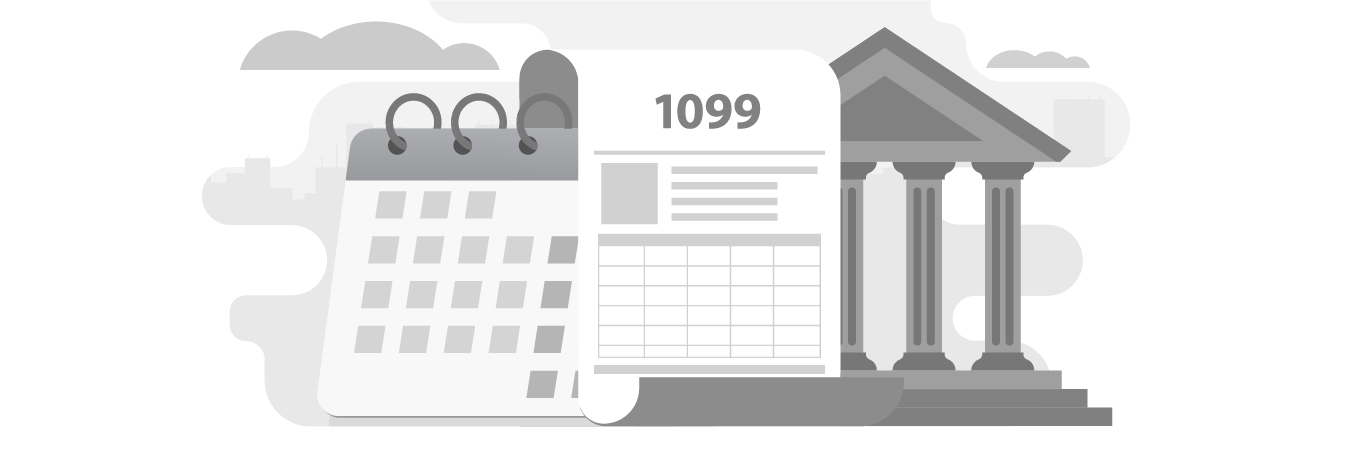 A grayscale illustration featuring a calendar, a form 1099, and the facade of a classical building with columns, representing financial or tax-related themes.