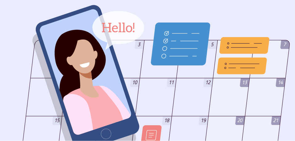 Illustration of a smartphone with a woman's smiling avatar on the screen, displaying a "hello!" speech bubble, set against a backdrop of a calendar and message icons.