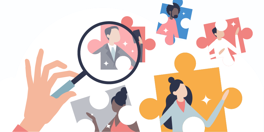 Illustration of a magnifying glass focused on a businessman puzzle piece with other diverse people as puzzle pieces, symbolizing team selection or recruitment.